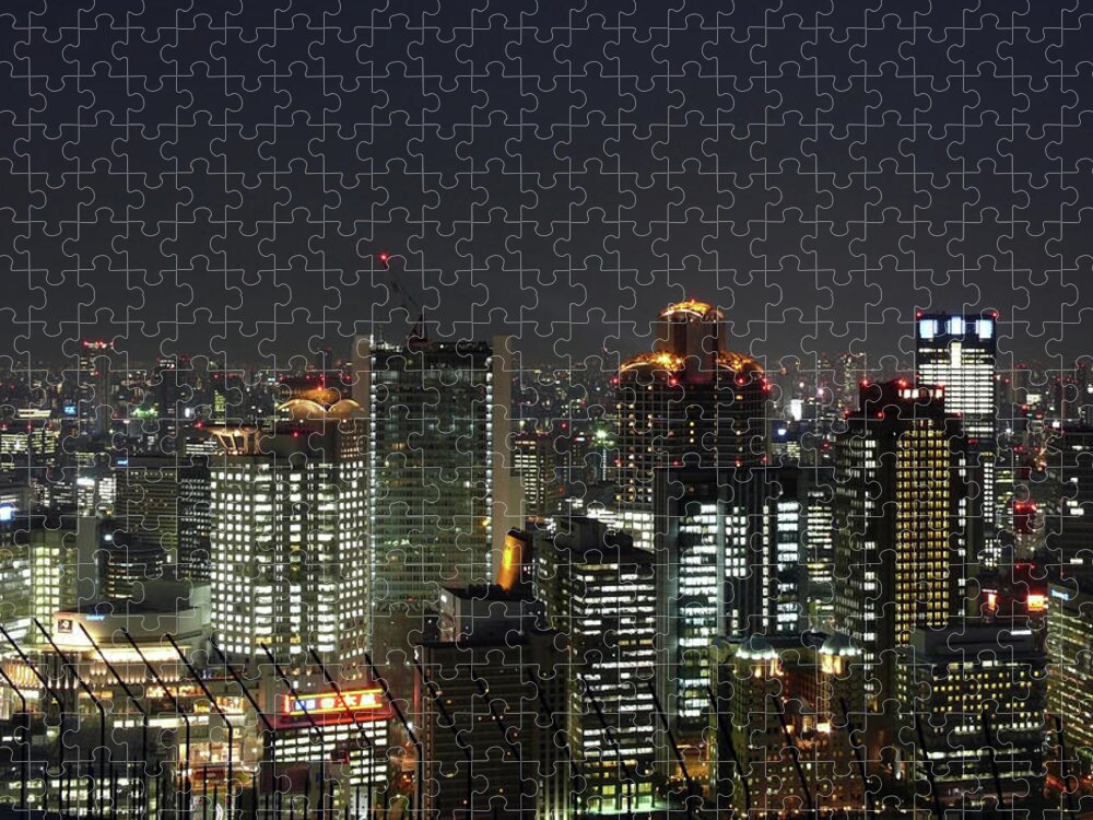 Clear Sky Jigsaw Puzzle featuring the photograph Skyline Of Osaka Nightscape by Alvin Law