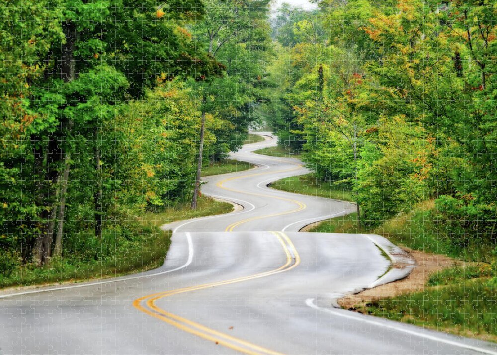 Door County Wi Jigsaw Puzzle featuring the photograph Slippery When Wet - The famous winding road at tip of Door County WI by Peter Herman