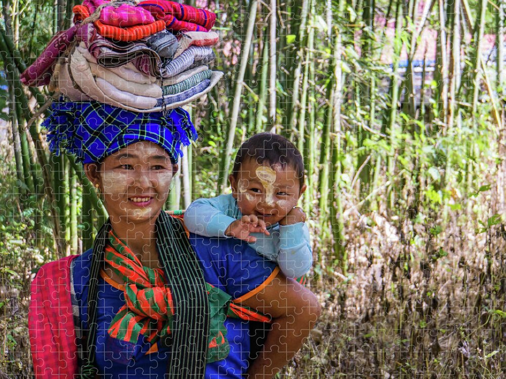 Woman Jigsaw Puzzle featuring the photograph smiling Burmese mother with her laughing baby by Ann Moore