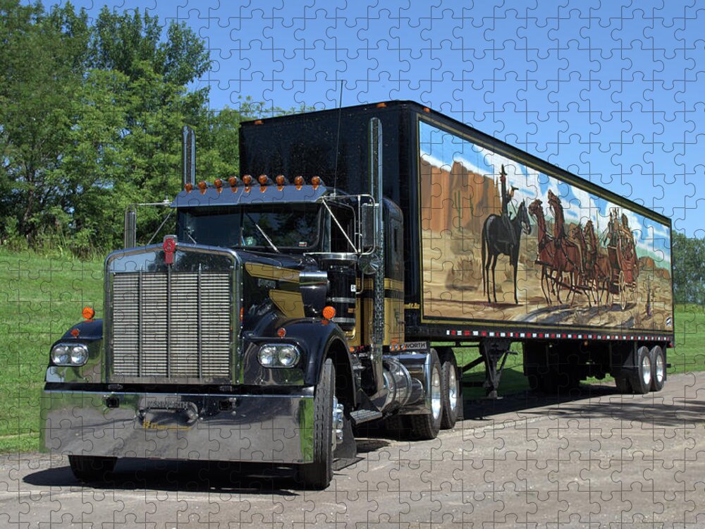  Kenworth Jigsaw Puzzle featuring the photograph Smokey and the Bandit Tribute Kenworth W900 Black and Gold Semi Truck by TeeMack