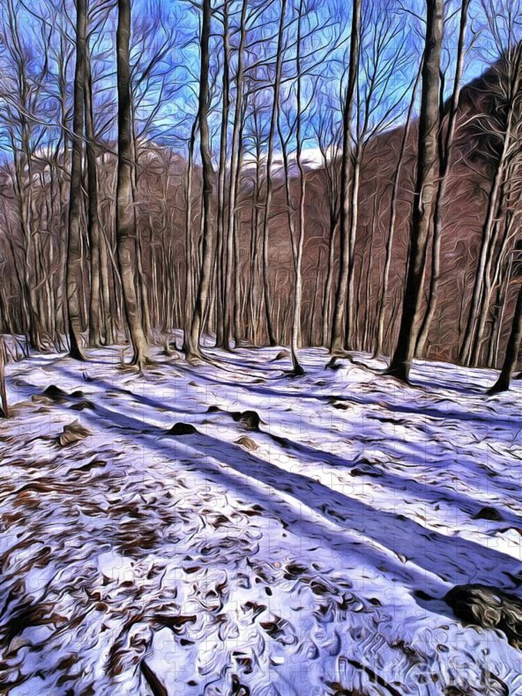 Abruzzo; Italy; Park; National; Nature; Mountain; Forest; Pattern; Motif; Trees; White; Snow; Winter; Natural; Natural Environment; Natural World; Flora; Landscape; Countryside; Scenery; Tree; Paint; Paints; Painting; Paintings; Trunk; Trunks Jigsaw Puzzle featuring the painting Snow in the forest IV by George Atsametakis