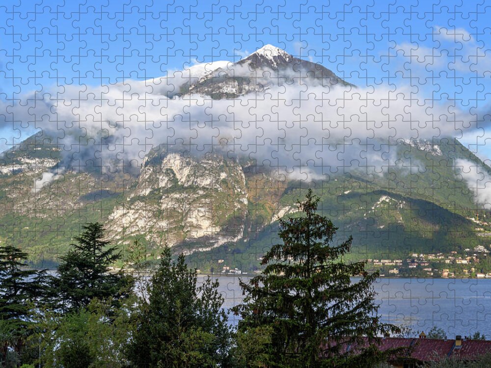 Joan Carroll Jigsaw Puzzle featuring the photograph Snow in the Mountains Lake Como Italy by Joan Carroll