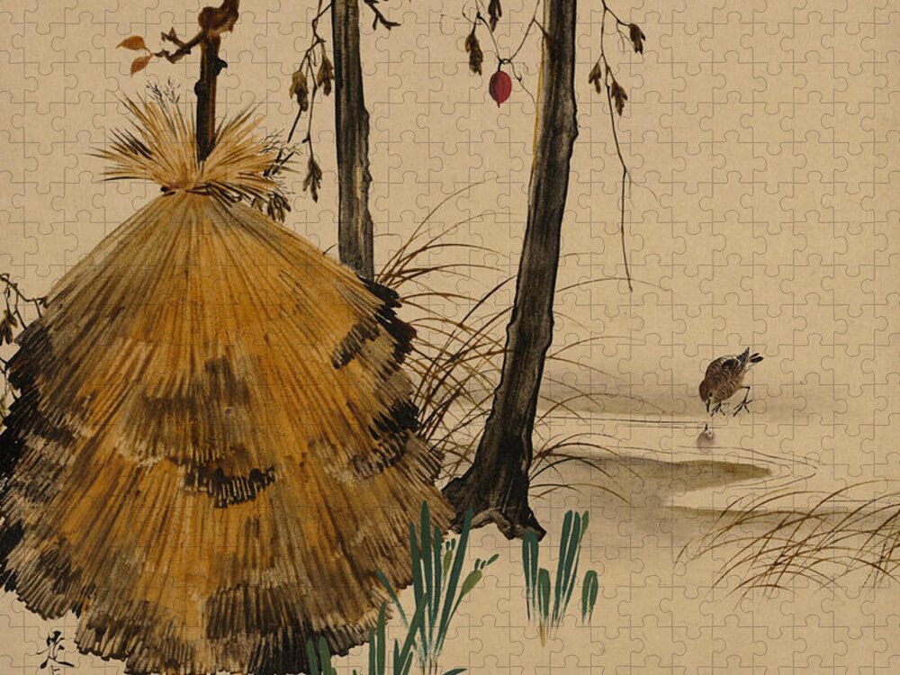 19th Century Art Jigsaw Puzzle featuring the painting Snow Shelter for a Tree with Sparrow by Shibata Zeshin