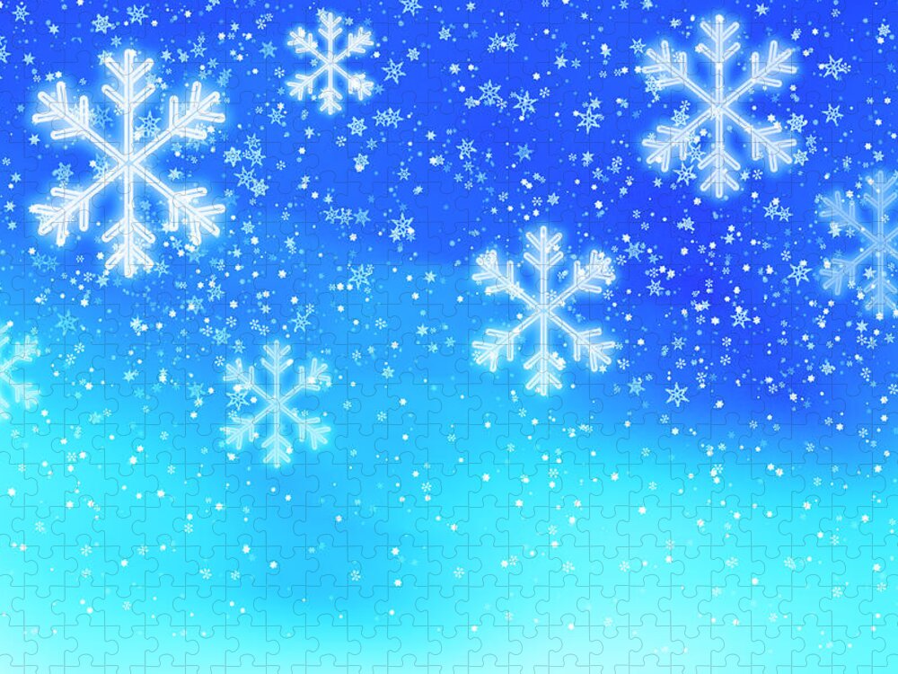 Backgrounds Jigsaw Puzzle featuring the photograph Snowflakes On Blue Background, Studio by Tetra Images