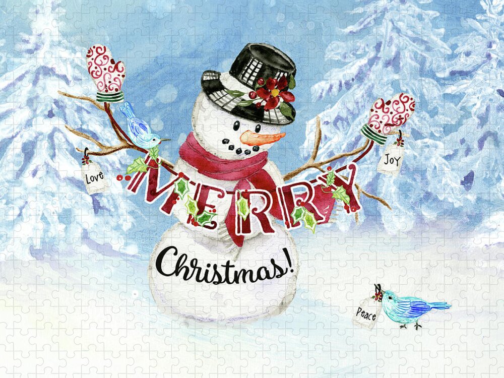 Snowman Jigsaw Puzzle featuring the painting Snowman Christmas Love Joy Peace by Audrey Jeanne Roberts