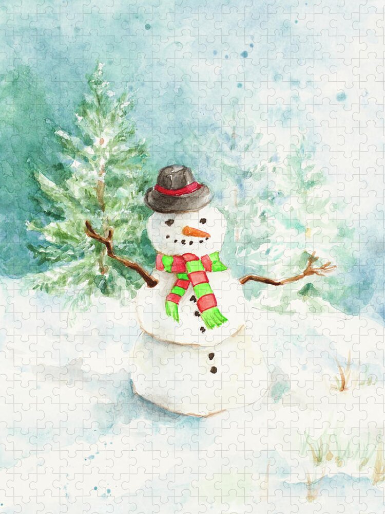 Snowman Jigsaw Puzzle featuring the mixed media Snowman In The Pines by Lanie Loreth