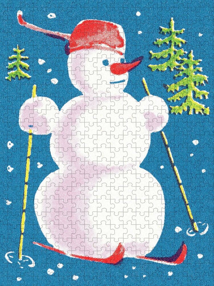 Activity Jigsaw Puzzle featuring the drawing Snowman on skies by CSA Images