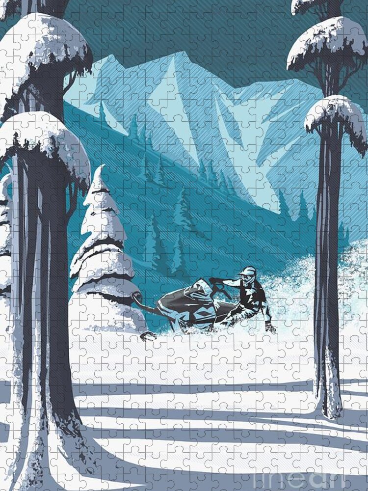 Travel Poster Jigsaw Puzzle featuring the digital art Snowmobile Landscape by Sassan Filsoof