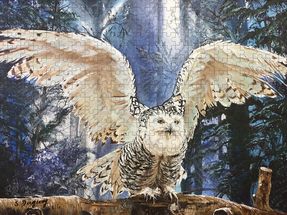 Owl Jigsaw Puzzle featuring the painting Snowy Owl on Takeoff by Sharon Duguay