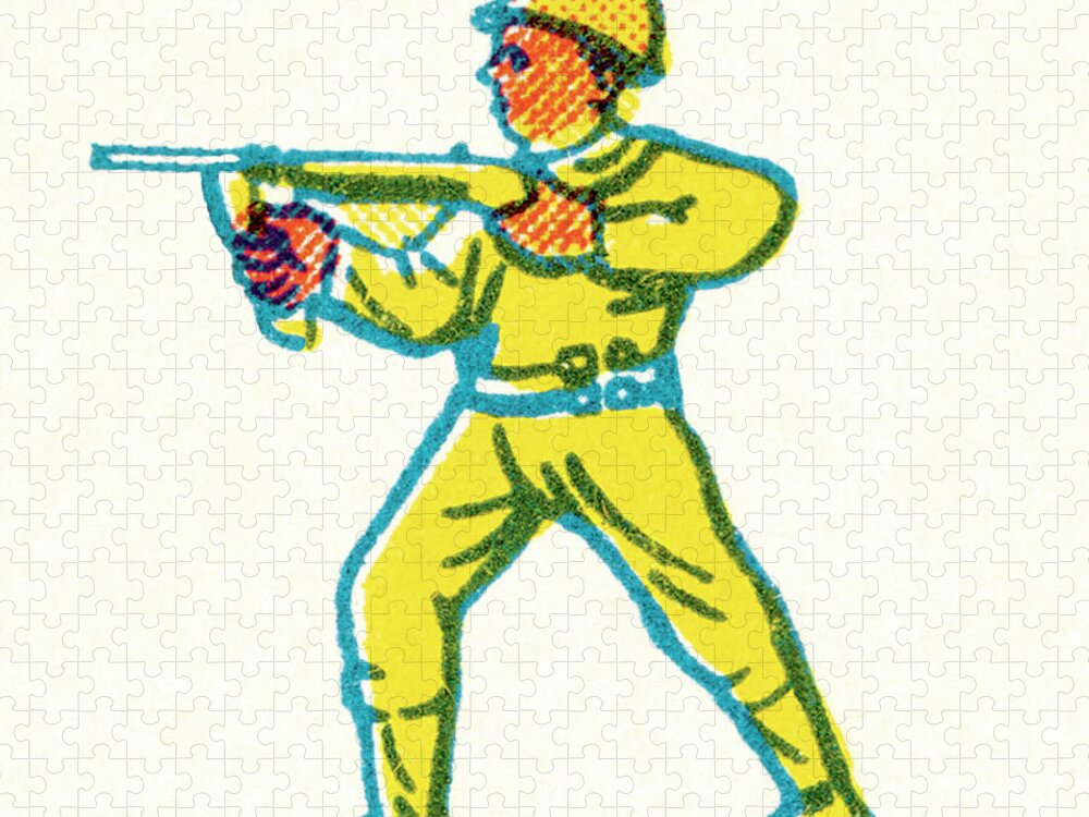 Adult Jigsaw Puzzle featuring the drawing Soldier Aiming a Gun by CSA Images