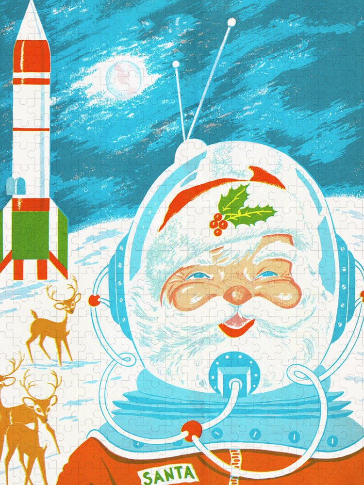 Adventure Jigsaw Puzzle featuring the drawing Space Santa and Reindeer on the Moon by CSA Images