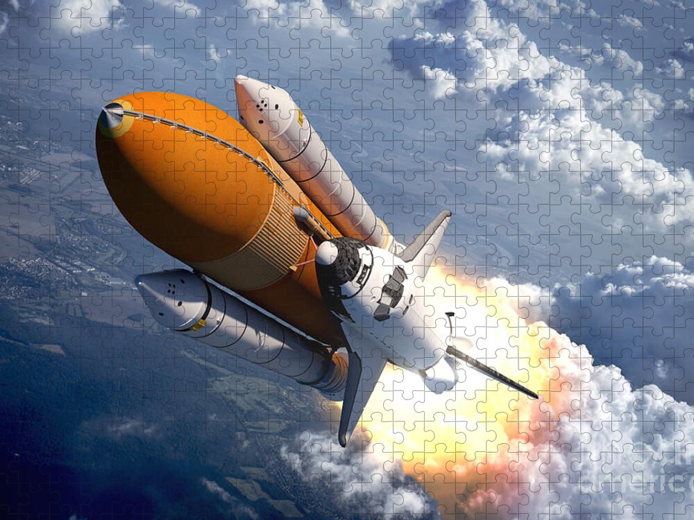 Florida Puzzle featuring the digital art Space Shuttle Flying Over The Clouds by 3dsculptor