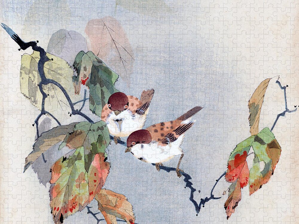 Shoki Jigsaw Puzzle featuring the painting Sparrows by Shoki