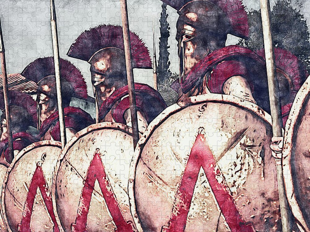 Spartan Warrior Jigsaw Puzzle featuring the painting Spartan Army at War - 29 by AM FineArtPrints