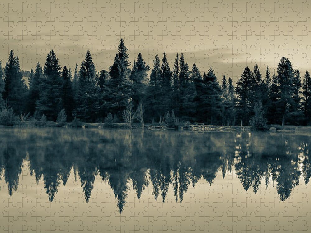 America Jigsaw Puzzle featuring the photograph Sprague Lake in Rocky Mountain National Park Panorama - Sepia Edition by Gregory Ballos