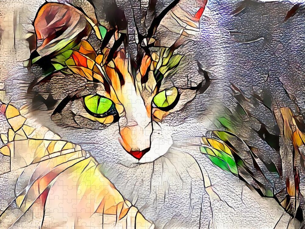 Glass Jigsaw Puzzle featuring the digital art Stained Glass Cat Stare by Don Northup