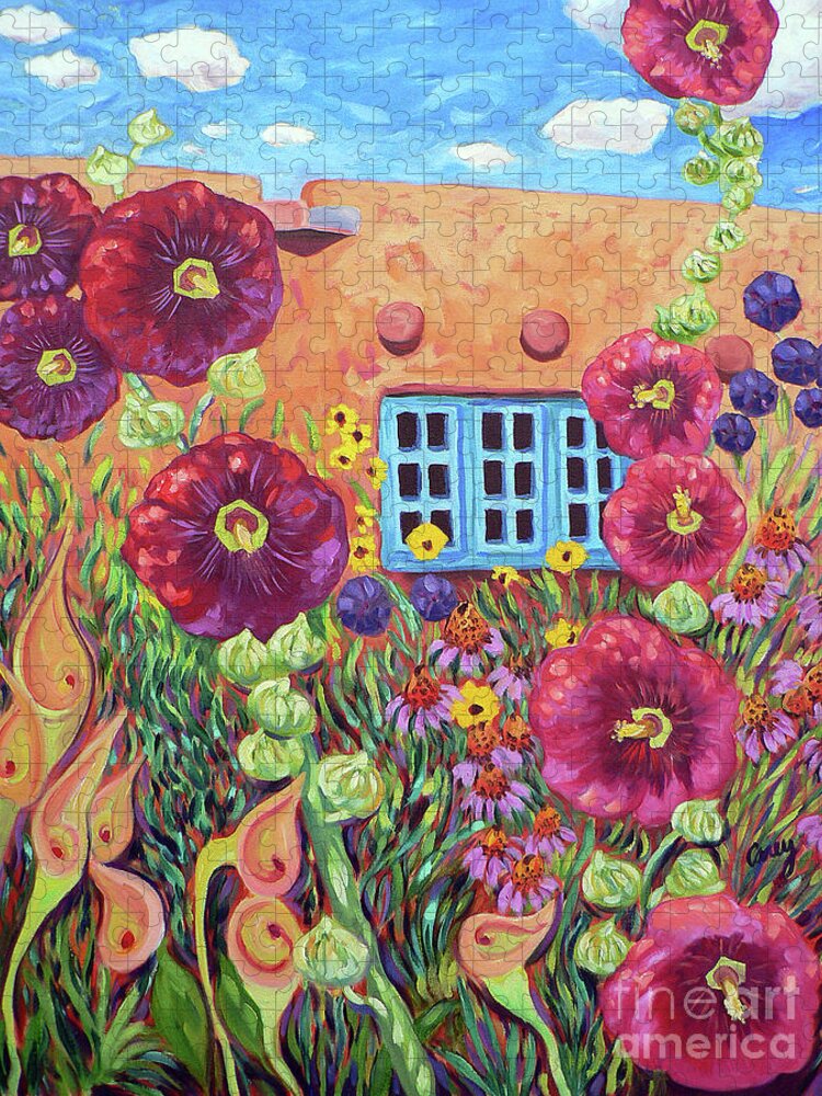 Adobe Jigsaw Puzzle featuring the painting Stairway of Hollyhocks by Cathy Carey