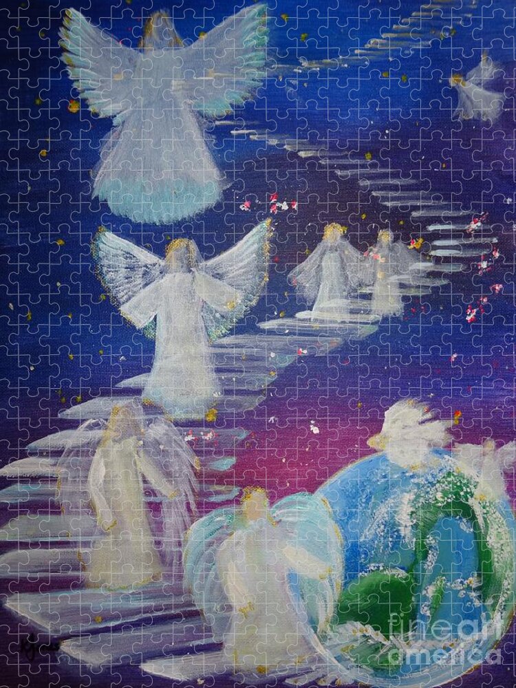 Angels Stairway Jigsaw Puzzle featuring the painting Stairway to Heaven by Karen Jane Jones