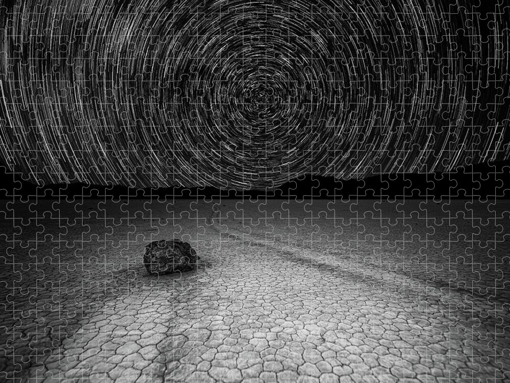 Stone Jigsaw Puzzle featuring the photograph Star Trails over Racetrack Playa Black and White 8x10 by William Dickman