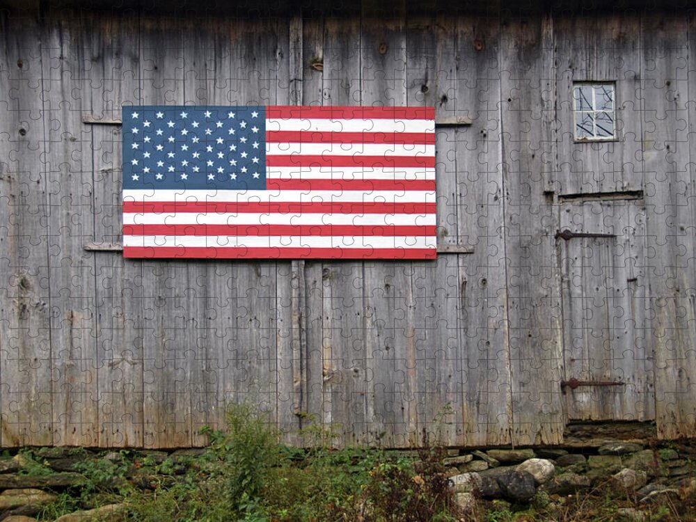 Architectural Feature Jigsaw Puzzle featuring the photograph Stars And Stripes On An Old Barn by Frankvandenbergh