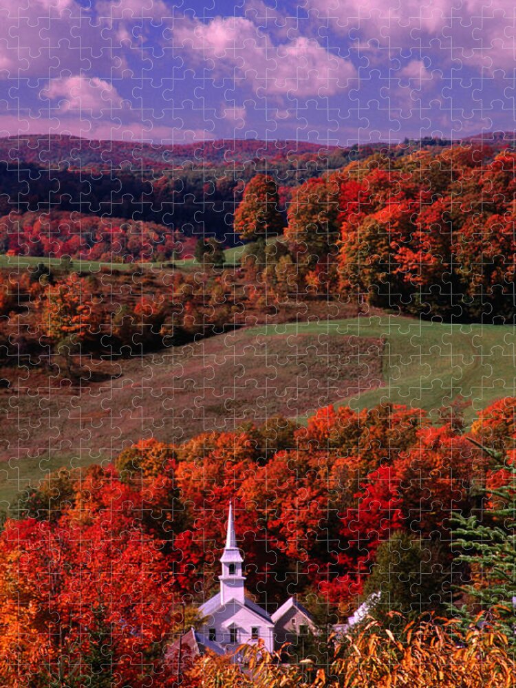 Grass Jigsaw Puzzle featuring the photograph Steeple Of White Church Surrounded By by Mark Newman