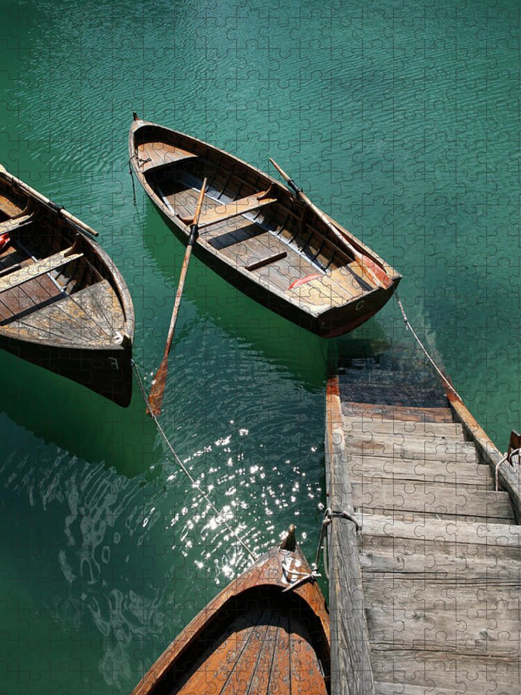 Steps Jigsaw Puzzle featuring the photograph Steps Down To Wooden Boats Floating On by Marc Volk