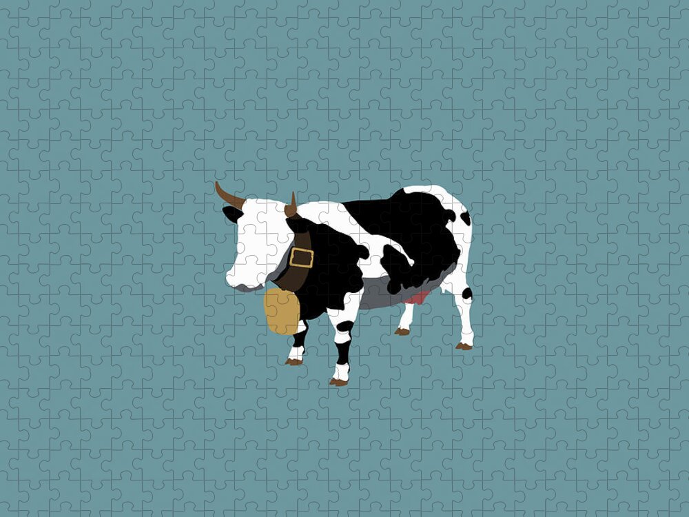Horned Jigsaw Puzzle featuring the digital art Stereotypical Swiss Dairy Cow by Ralf Hiemisch