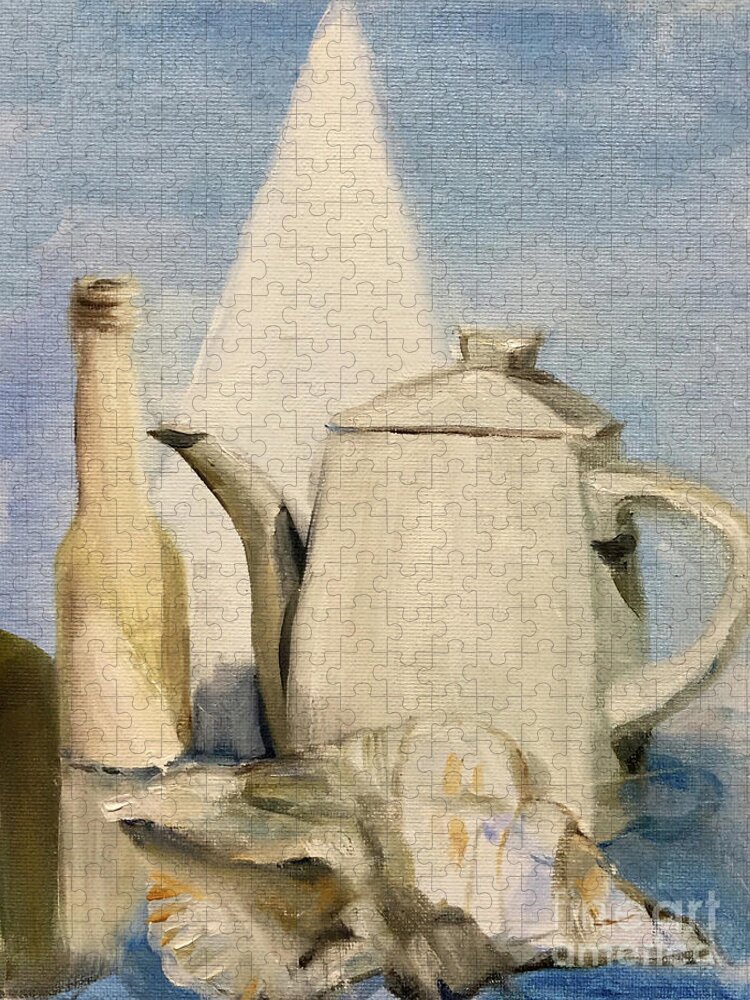Still Life Jigsaw Puzzle featuring the painting Still Life of Pottery in White by Greta Corens