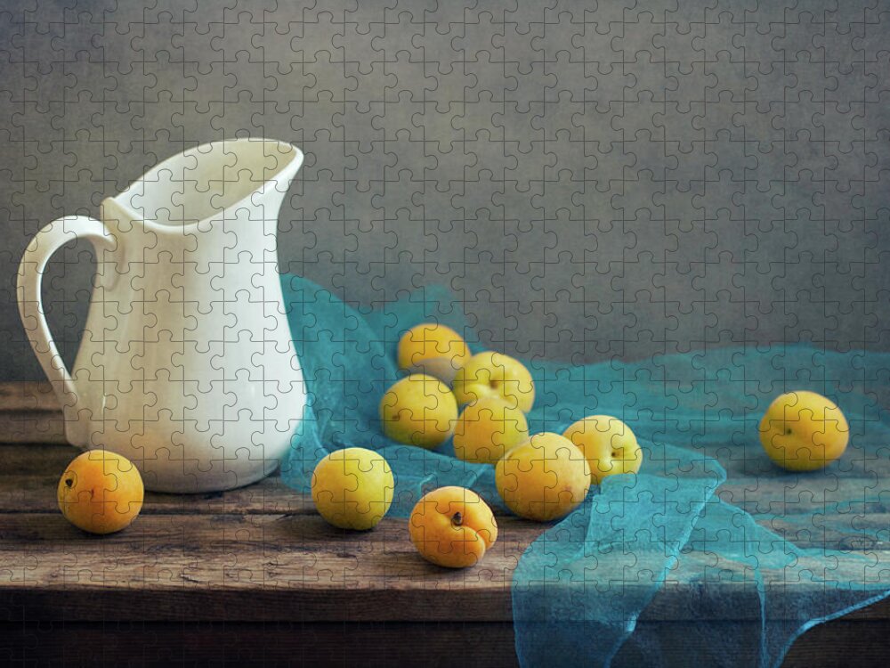 Apricot Jigsaw Puzzle featuring the photograph Still Life With Apricots And White Jug by Copyright Anna Nemoy(xaomena)