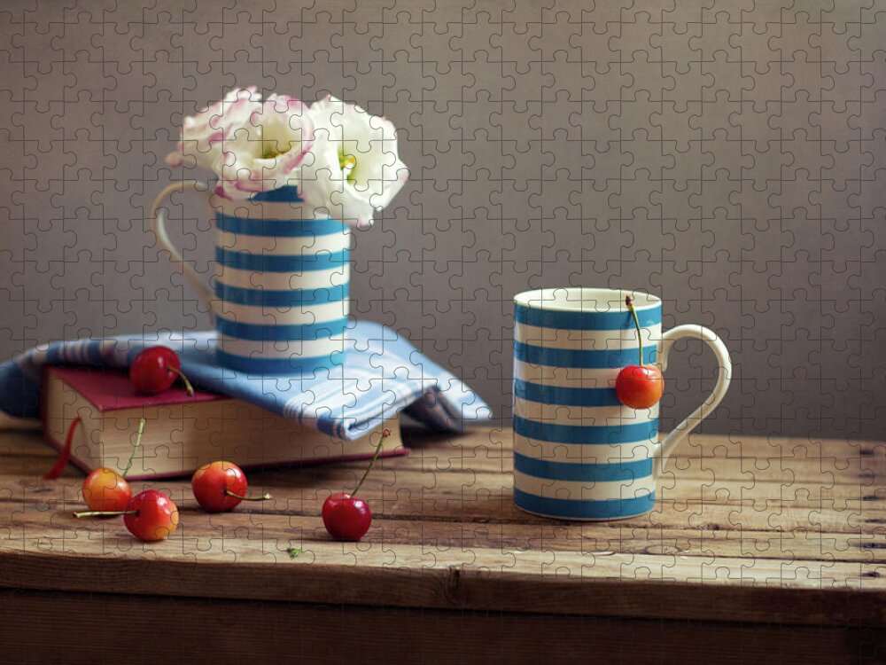 Cherry Jigsaw Puzzle featuring the photograph Still Life With Striped Cups by Copyright Anna Nemoy(xaomena)