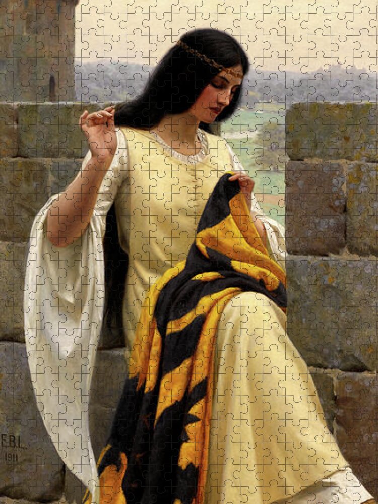 Stitching The Standard Jigsaw Puzzle featuring the painting Stitching the Standard by Edmund Leighton by Rolando Burbon