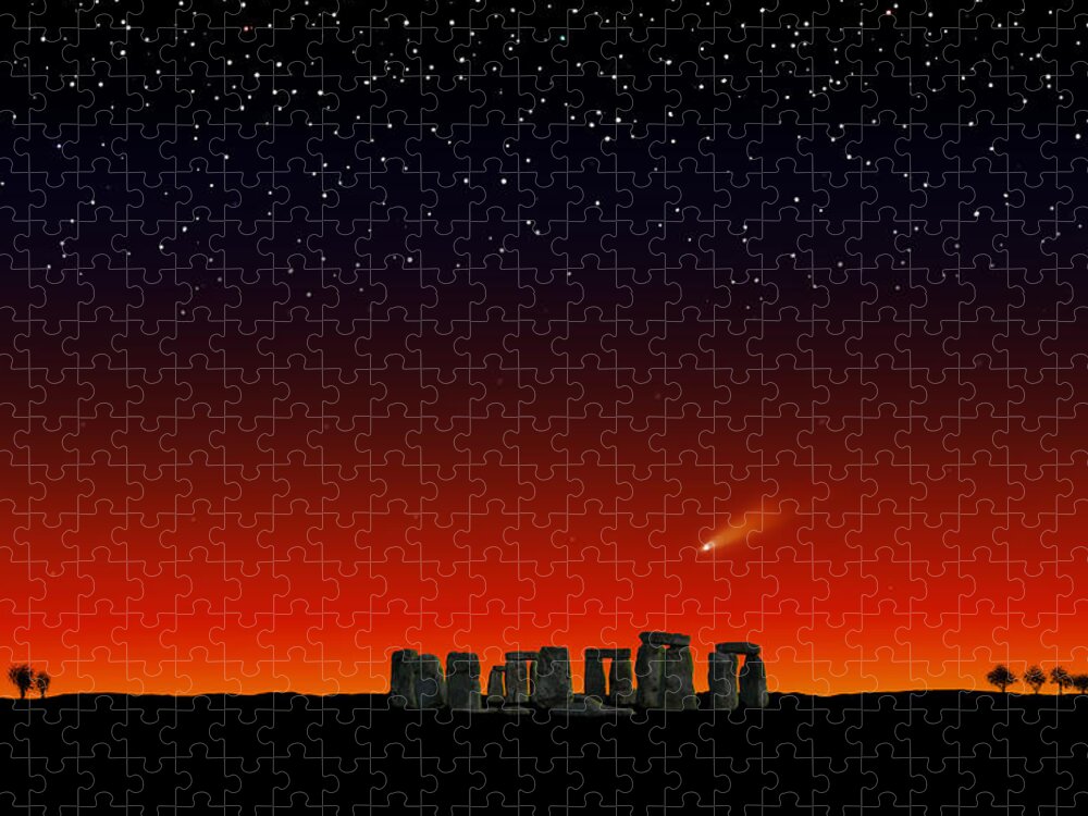 Comet Ison Jigsaw Puzzle featuring the painting Stonehenge at Night by David Arrigoni