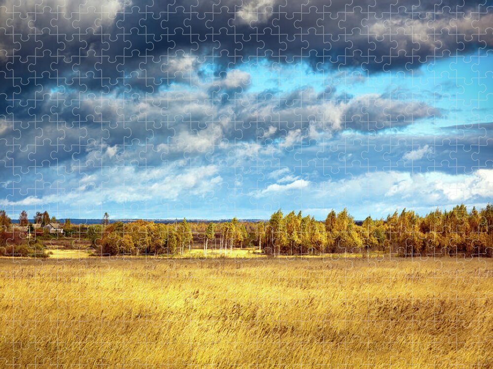 Scenics Jigsaw Puzzle featuring the photograph Storm Clouds Over Autumn Field by Mordolff