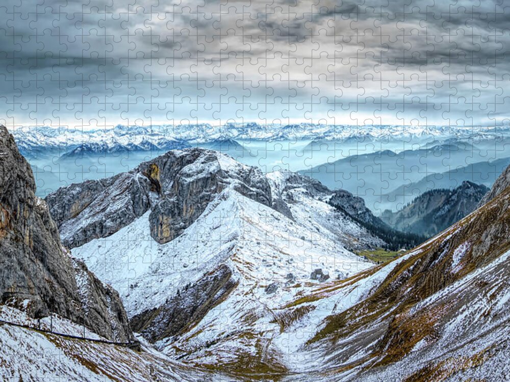 Mountains Jigsaw Puzzle featuring the photograph Stormy Mountains Panorama, Mount Pilatus, Switzerland by Rick Deacon