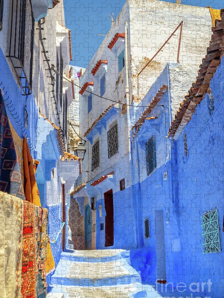 Morocco Jigsaw Puzzle featuring the photograph Street in Chefchaouen, Morocco by Louise Poggianti