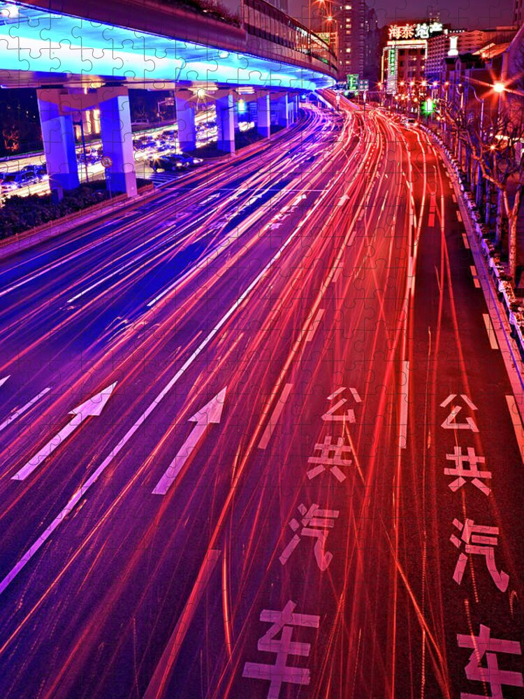 Outdoors Jigsaw Puzzle featuring the photograph Street Traffic At Night, Shanghai, China by William Yu Photography