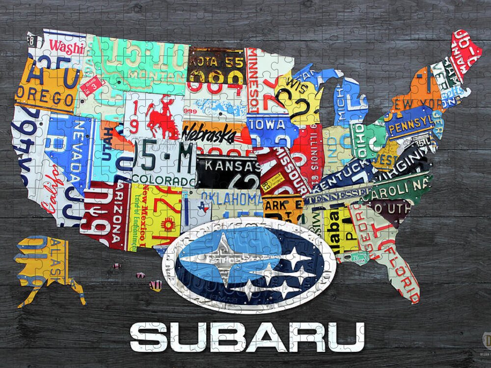 Subaru Jigsaw Puzzle featuring the mixed media Subaru Logo License Plate Map of the USA by Design Turnpike