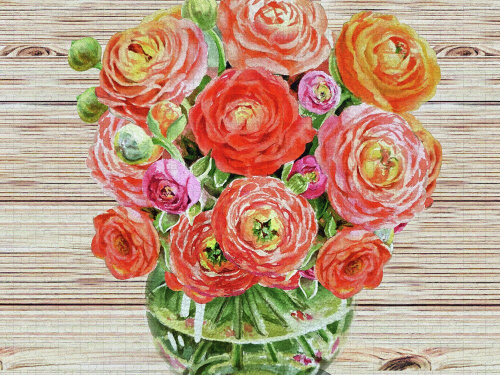Flowers Jigsaw Puzzle featuring the painting Summer Bouquet Ranunculus Flowers In The Glass Vase by Irina Sztukowski