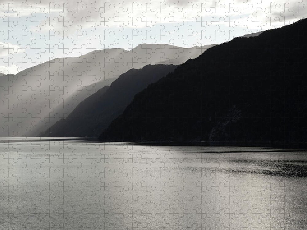 Non-urban Scene Jigsaw Puzzle featuring the photograph Sun And Mist Along The Fjord by Ekely