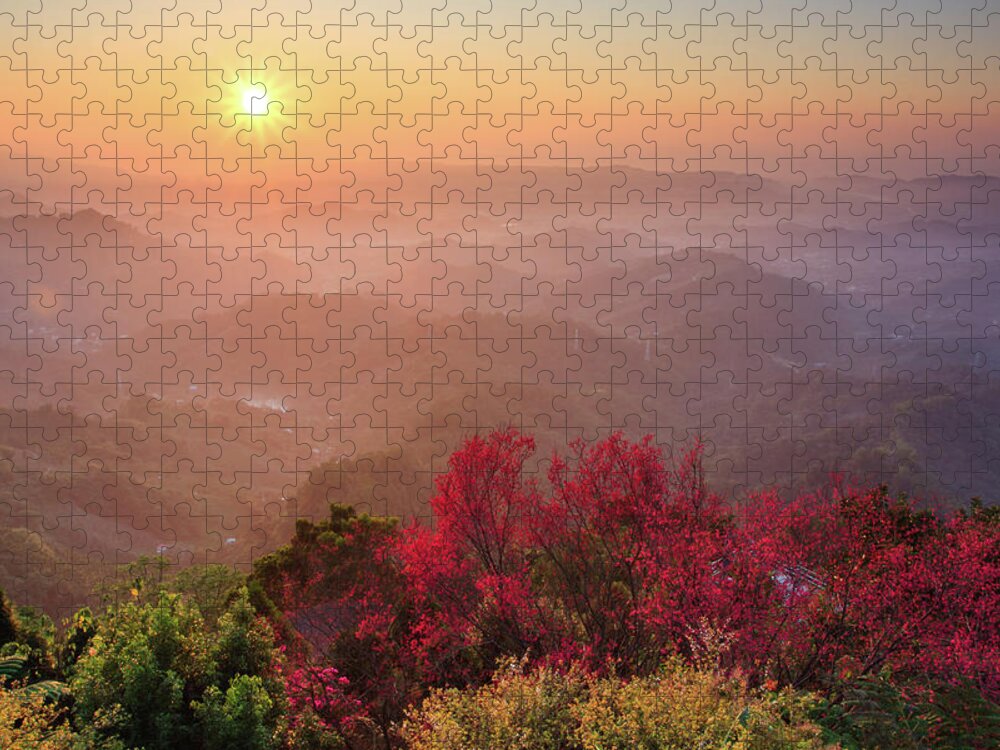 Scenics Jigsaw Puzzle featuring the photograph Sun Burst, Cherry Blossoms And Mountain by Samyaoo