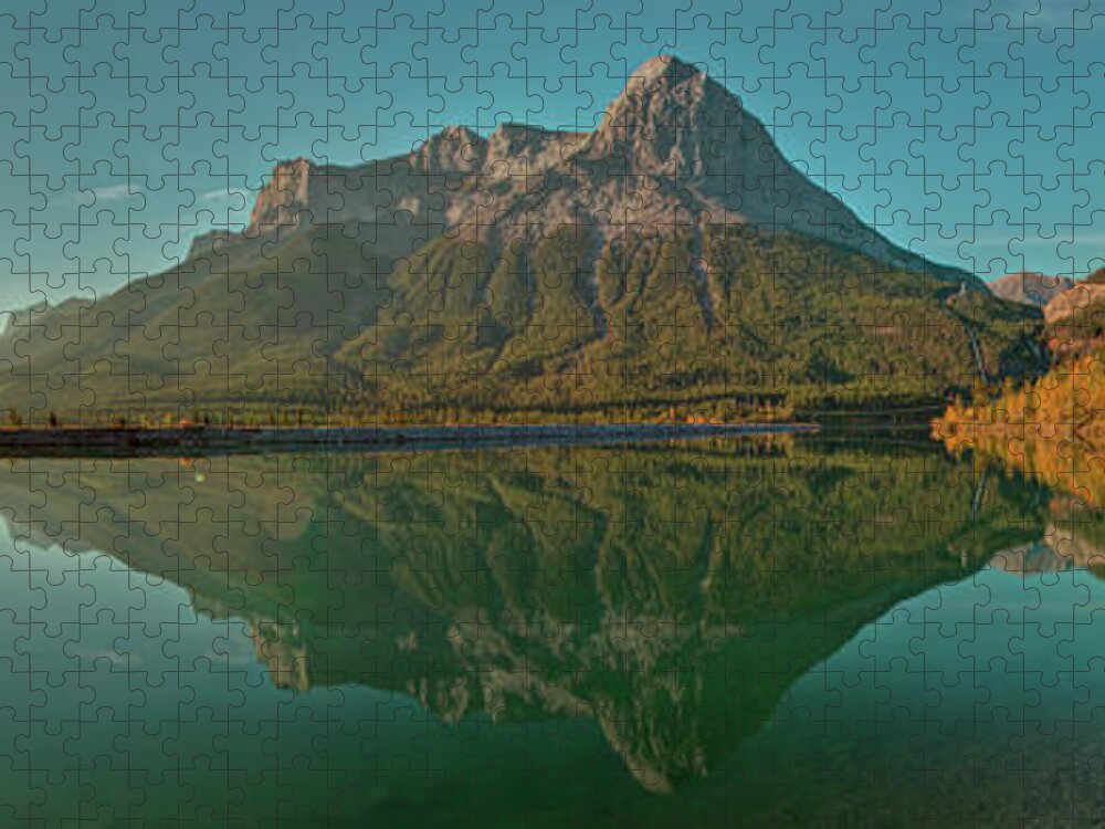 Tranquility Jigsaw Puzzle featuring the photograph Sun Rises Above Mountain Lake, Autumn by Ascentxmedia