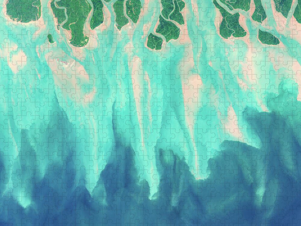 Satellite Image Jigsaw Puzzle featuring the digital art Sundarbans delta from space by Christian Pauschert