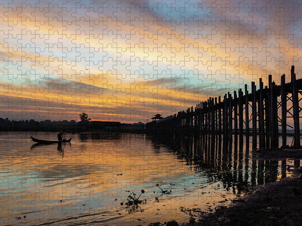 Fishing Jigsaw Puzzle featuring the photograph sunrise at U Bein Bridge, Mandalay, Myanmar by Ann Moore