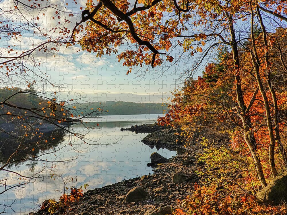Lynn Jigsaw Puzzle featuring the photograph Sunrise on Breeds Pond Lynn Woods Lynn Massachusetts Fall Foliage Trees by Toby McGuire