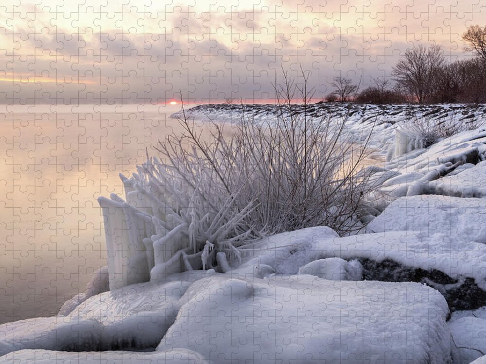 Sunrise On Ice Jigsaw Puzzle featuring the photograph Sunrise on Ice - Wintry Glory on Lake Ontario by Georgia Mizuleva