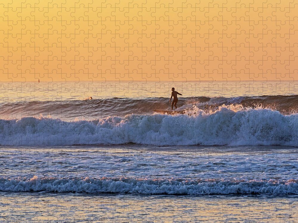 Kennebunk Jigsaw Puzzle featuring the photograph Sunrise Surfer Gooch's Beach Kennebunk Maine New England Golden Sky by Toby McGuire