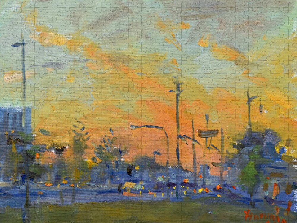 Sunset Jigsaw Puzzle featuring the painting Sunset at Pine Ave - Portage Rd by Ylli Haruni