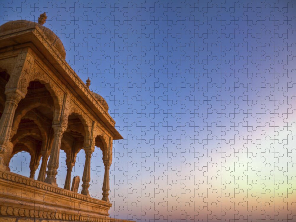 Arch Jigsaw Puzzle featuring the photograph Sunset By The Cenotaph, Jaisalmer by Palashmitter