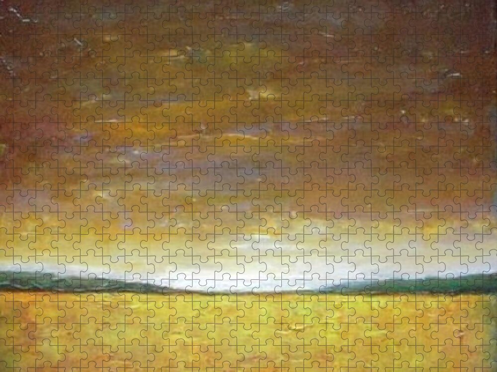 Autumn Jigsaw Puzzle featuring the painting Golden Sunset - abstract landscape by Vesna Antic