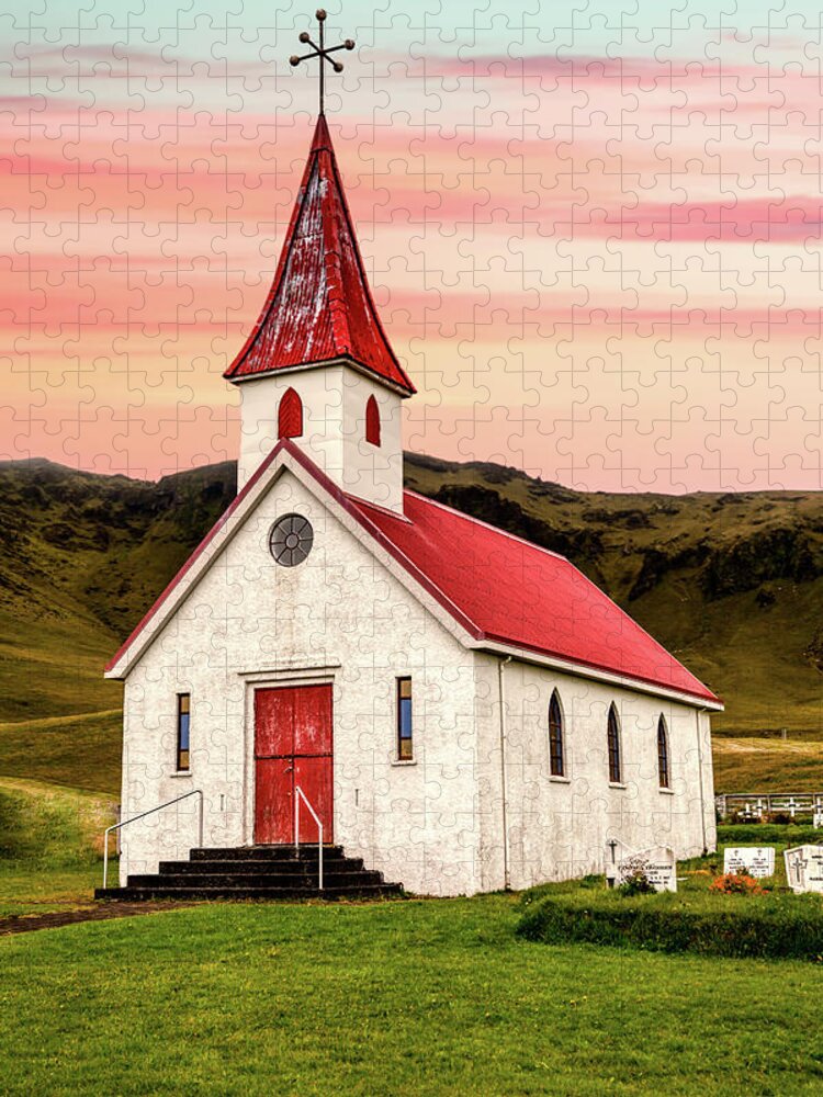Church Jigsaw Puzzle featuring the photograph Sunset Chapel of Iceland by David Letts